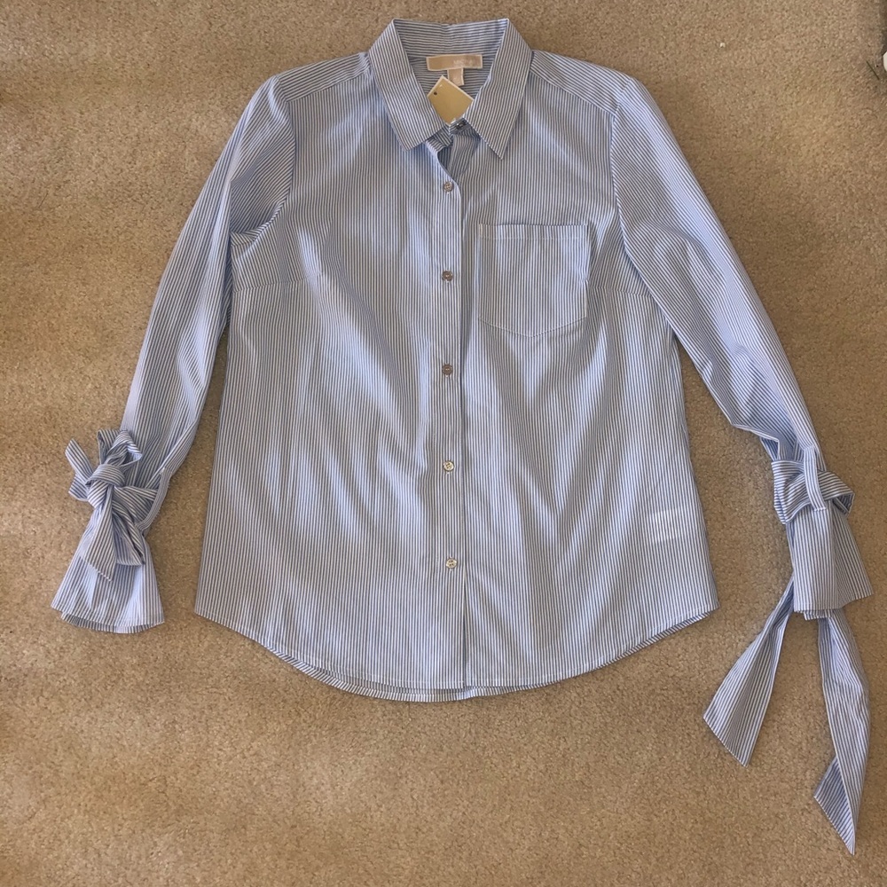 Michael Kors Stripe Oxford Tie Sleeve Shirt M NWT